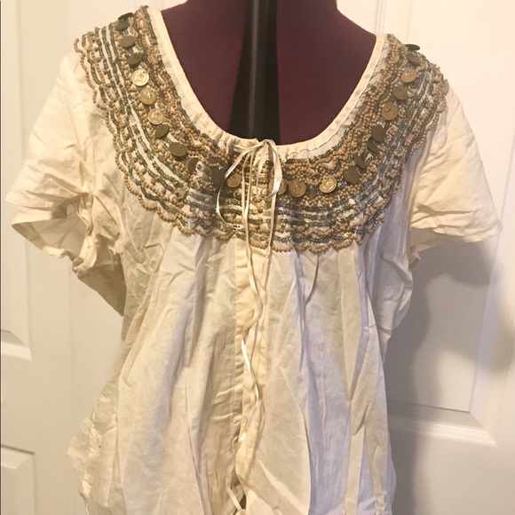 Old Navy Tops - HP🎊Cream ribbon tie-gold beading &embellishment